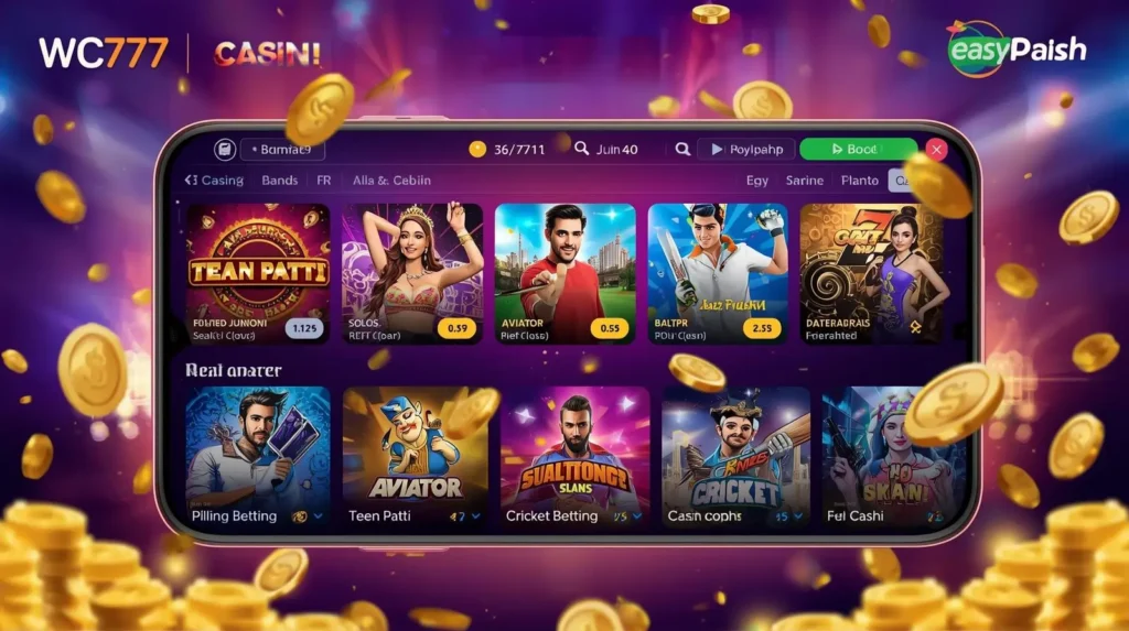 WC777 Game earning app interface with casino and betting icons
