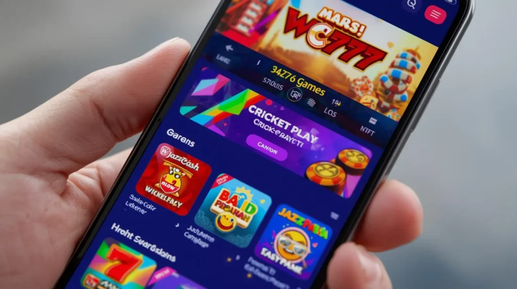 H555 game menu with slots and cricket icons