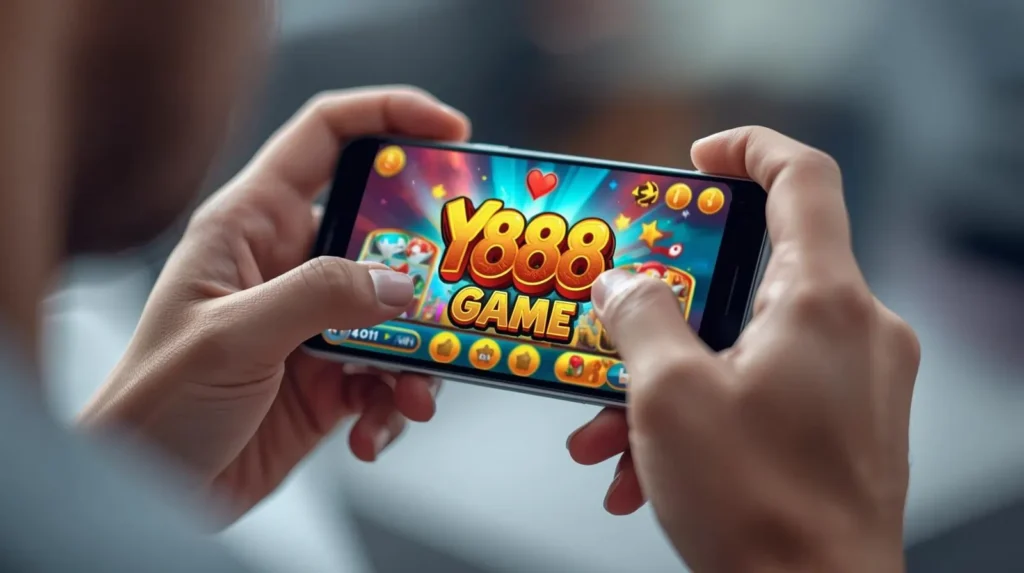 User playing Y888 Game on phone with casino icons
