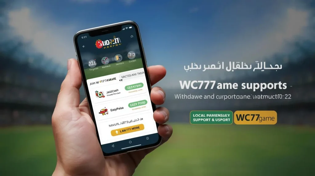 WC777 Game withdraw page with JazzCash and EasyPaisa options