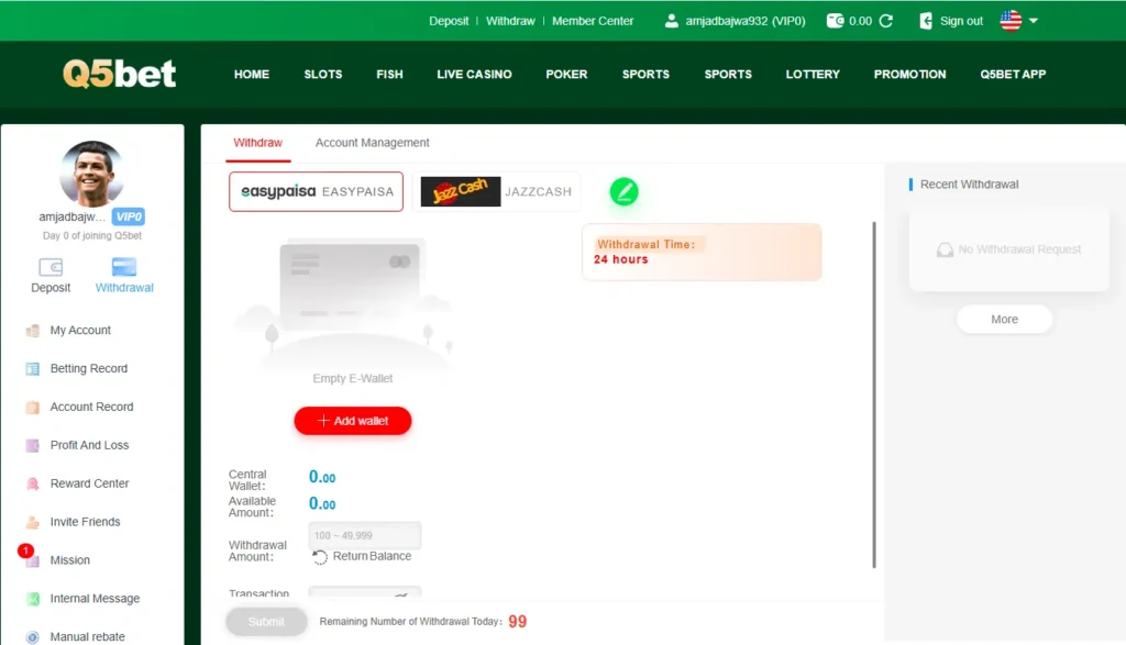 Q5 Bet Game withdrawal options for instant PKR cashout.