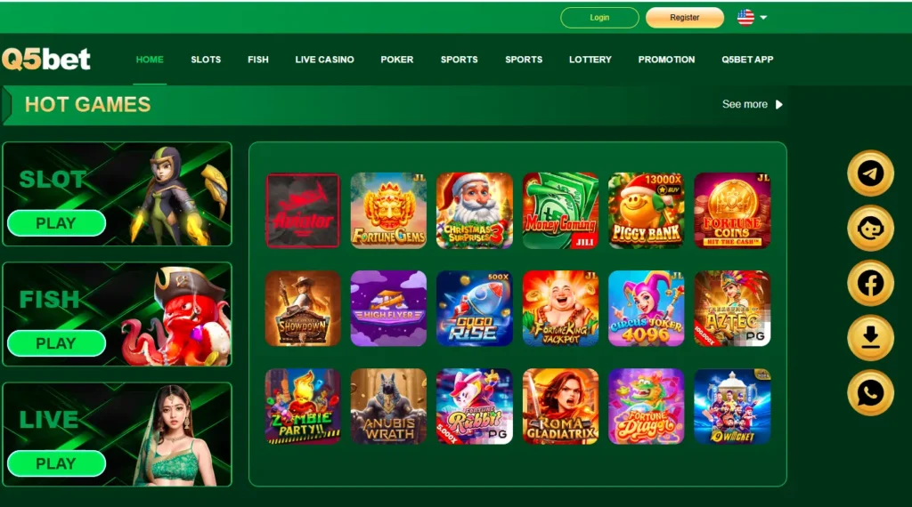 Q5 Bet Game home interface showing games and earning options.