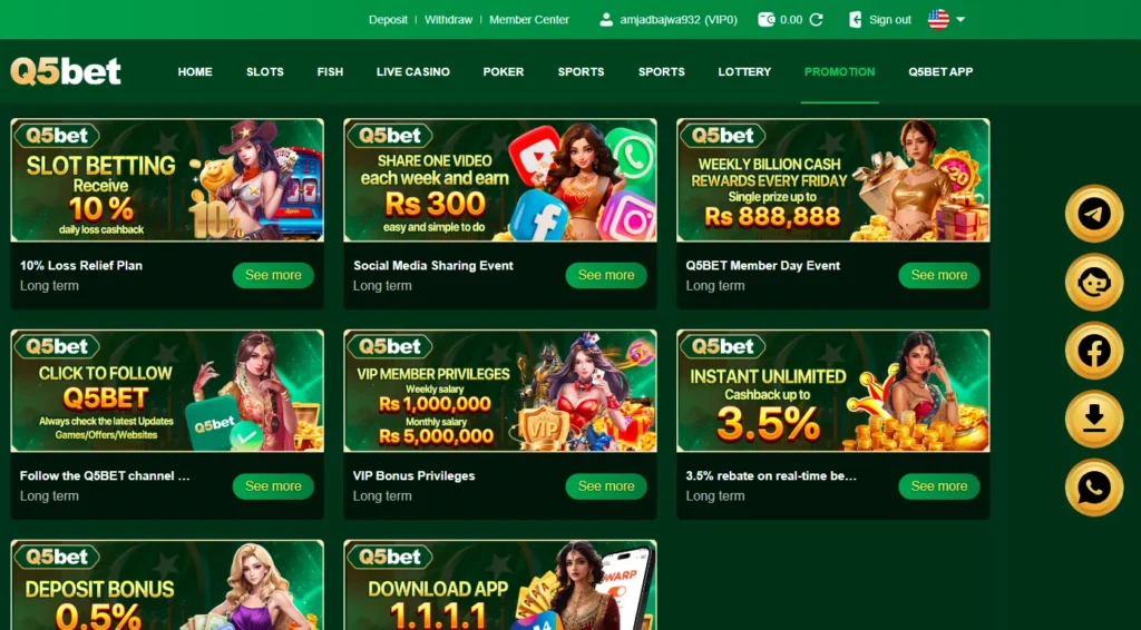 Q5 Bet Game promotions with cashback, events, and referral rewards.