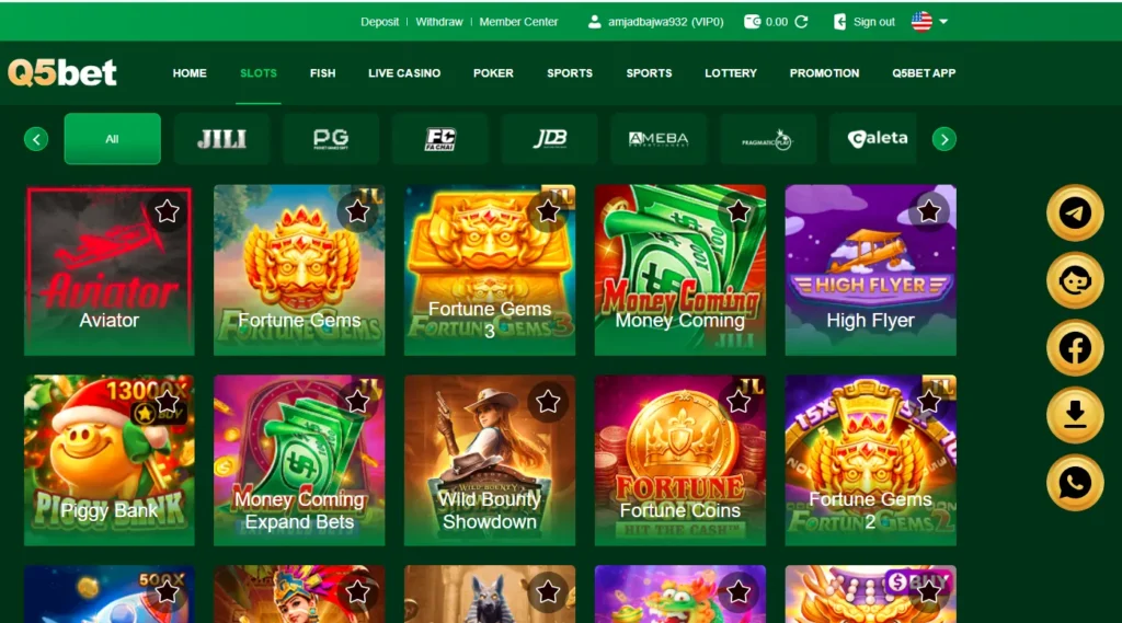 Q5 Bet Game showing complete list of slots, cards, crash, and sports.