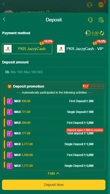 ZH888 withdrawal page with fast JazzCash and EasyPaisa payout.