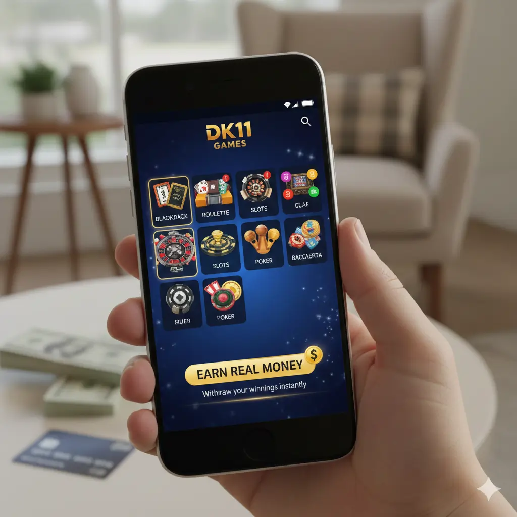 Dk11 Game app showing casino games and real money earning
