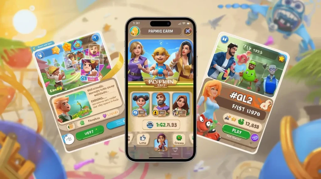 Colorful gaming app preview showing money-earning features