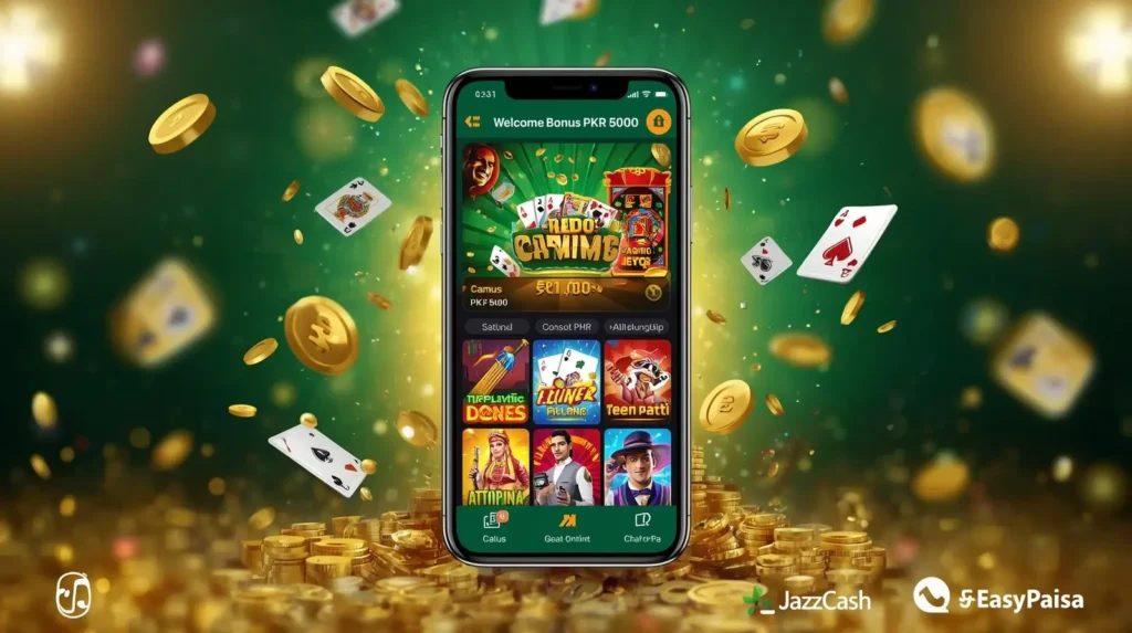 Mobile gaming app showing casino games and Pakistani payment options