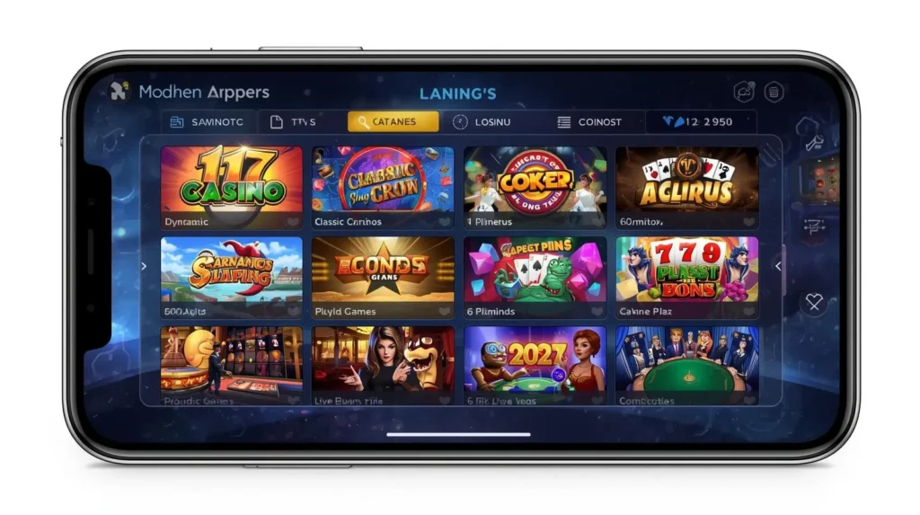 Mobile casino app showing slots, card games, and smooth gameplay