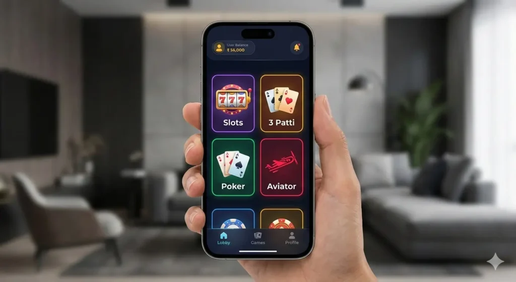 Mobile gaming app interface showing slots and card games