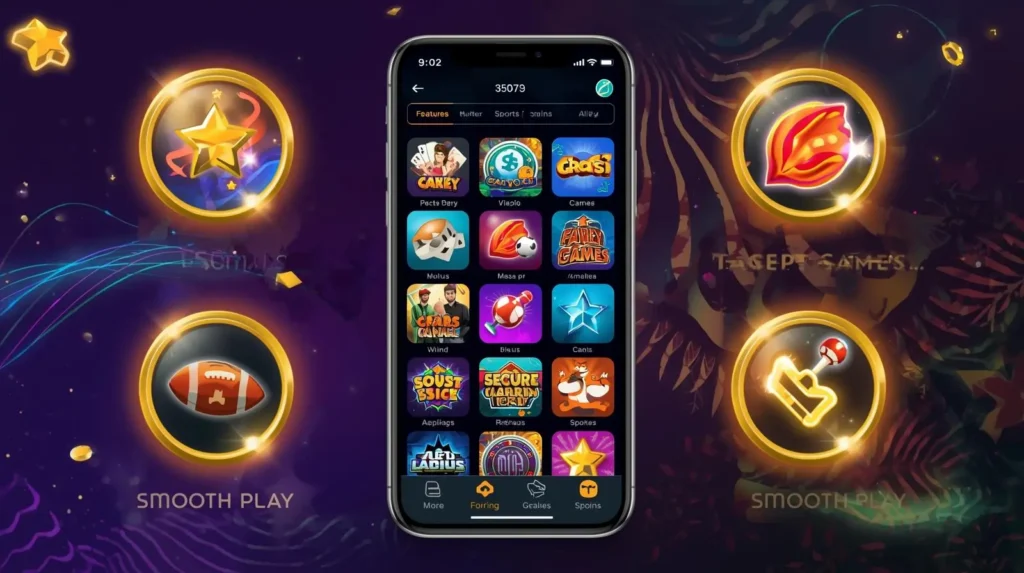 Mobile screen showing different game features and options