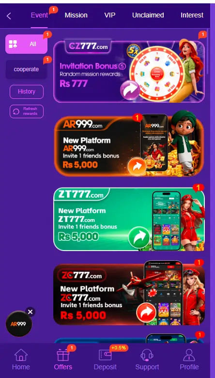 Gaming app bonus rewards screen with free spins and cashback