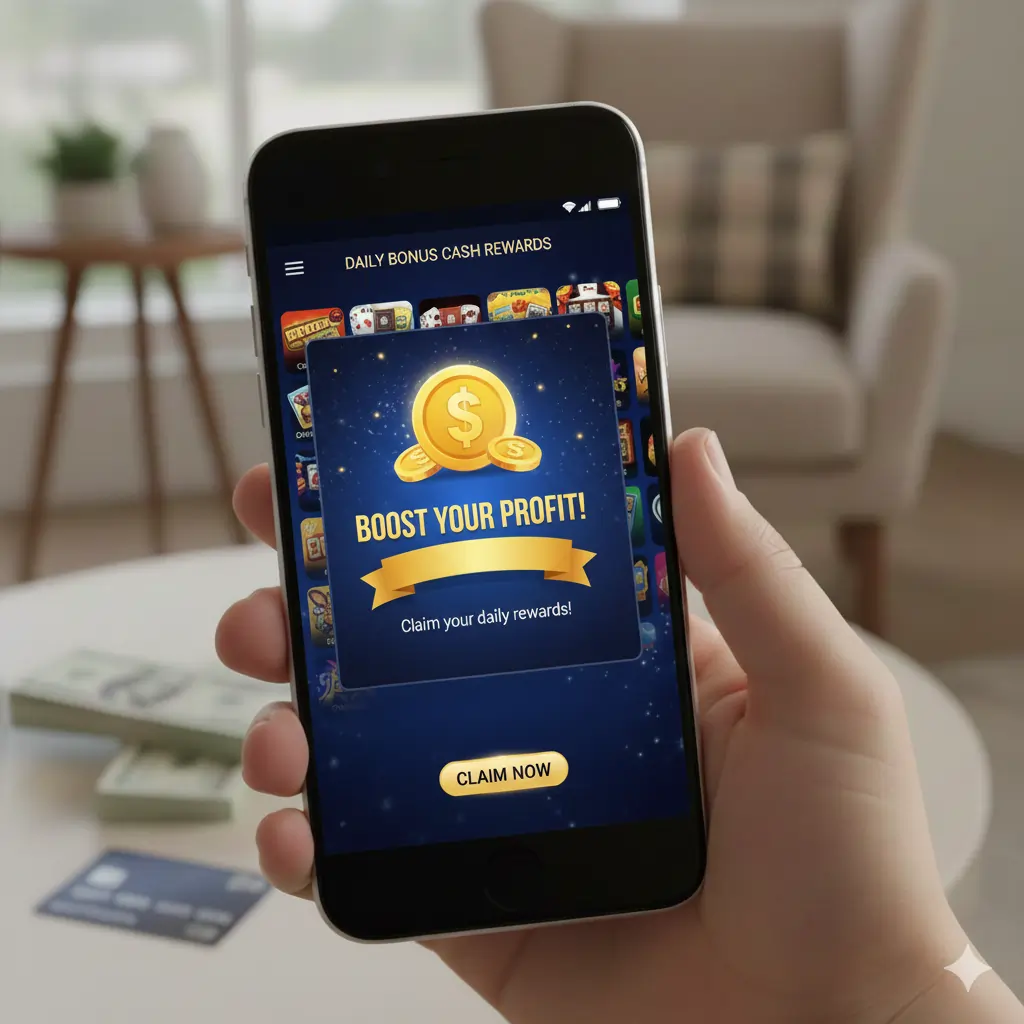 Daily login rewards and bonus cash offers in gaming app