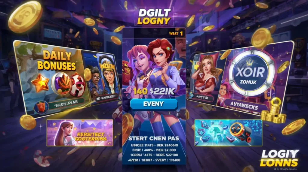 Colorful reward icons with coins and bonus symbols