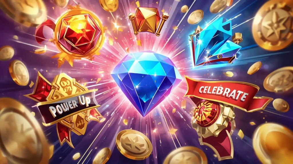 Colorful reward icons with coins and bonus signs