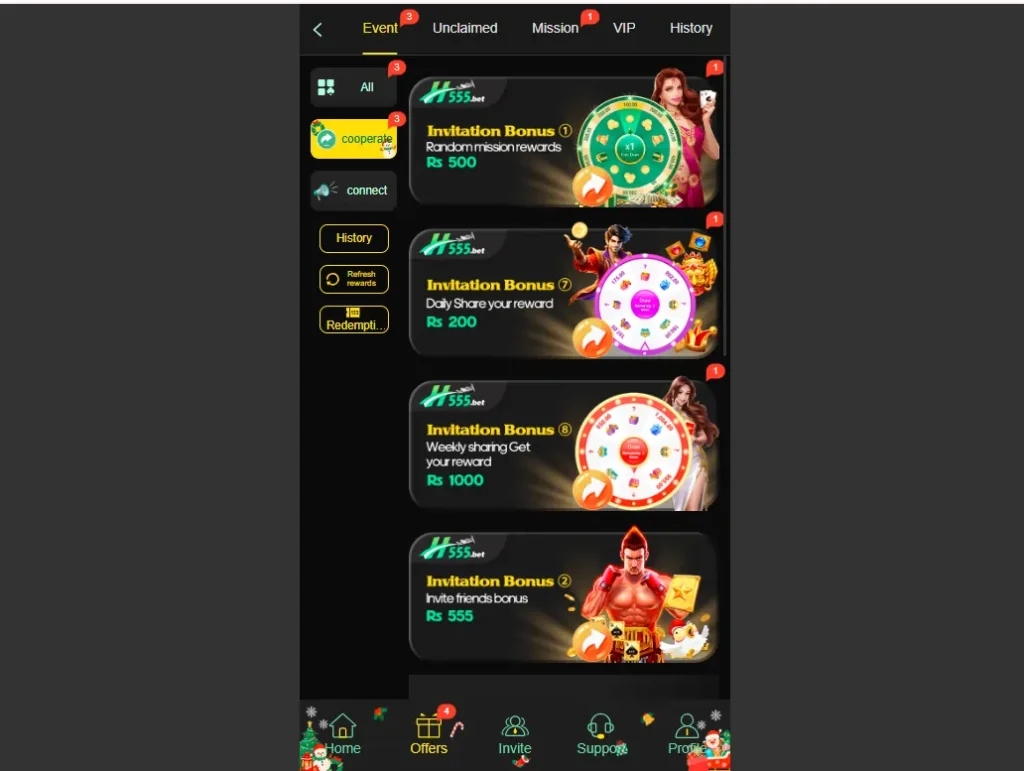 Daily bonus rewards and cashback offers in gaming app