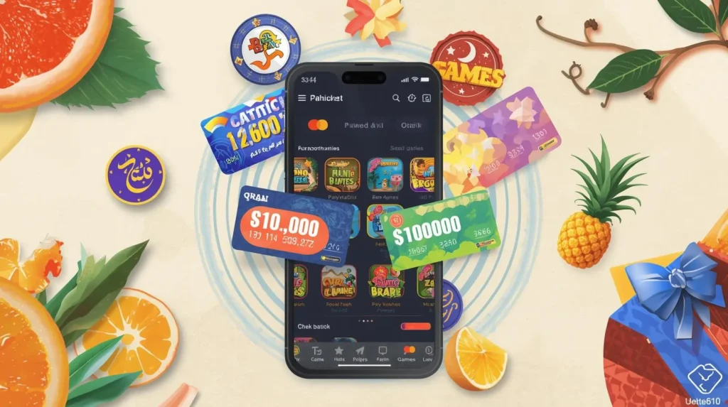 Pakistan-style scene with mobile gaming and local payment icons