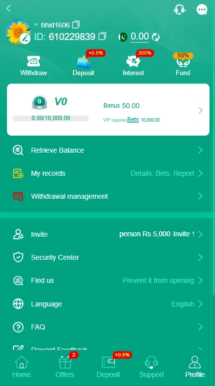 ZT777 profile page showing user info and account options.