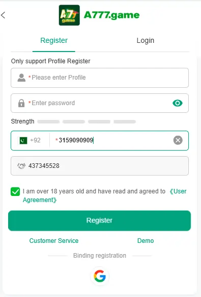 A777 Game login register screen