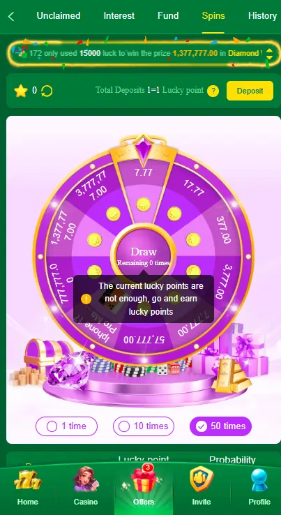 Casino bonus rewards screen