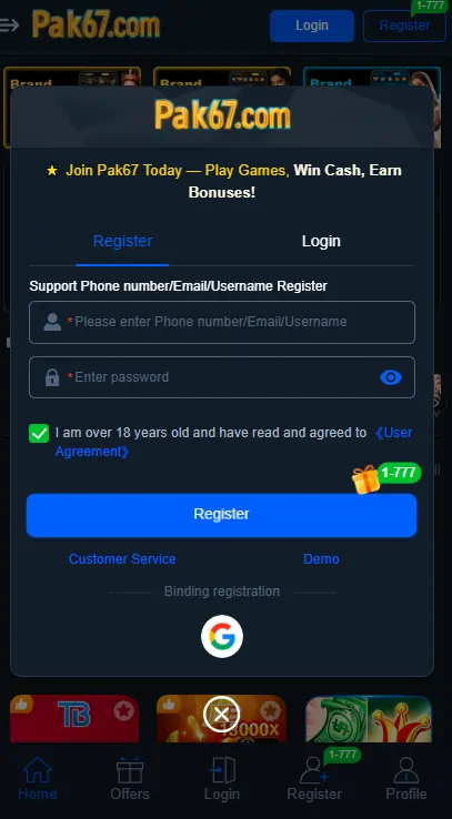 Register and login steps in Pak67 Game
