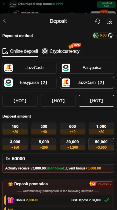 P999 payment options screen