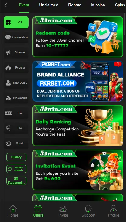 JJWin bonus rewards screen