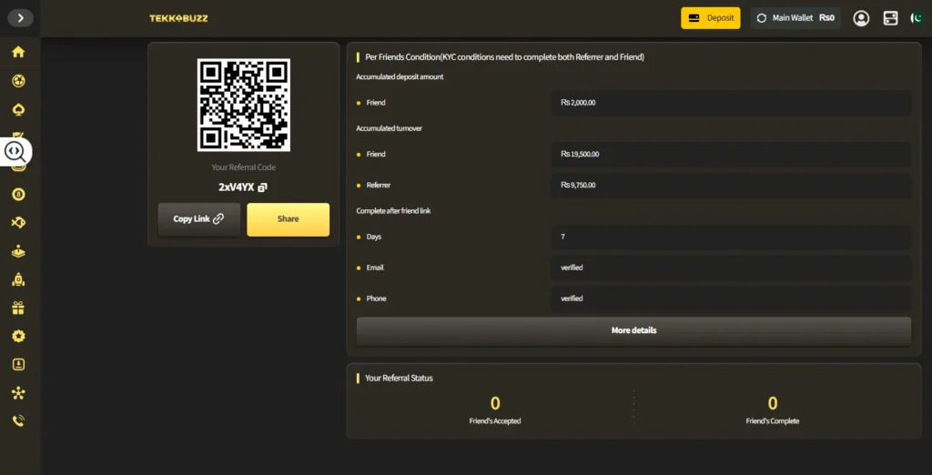 Screen showing all available bonuses.