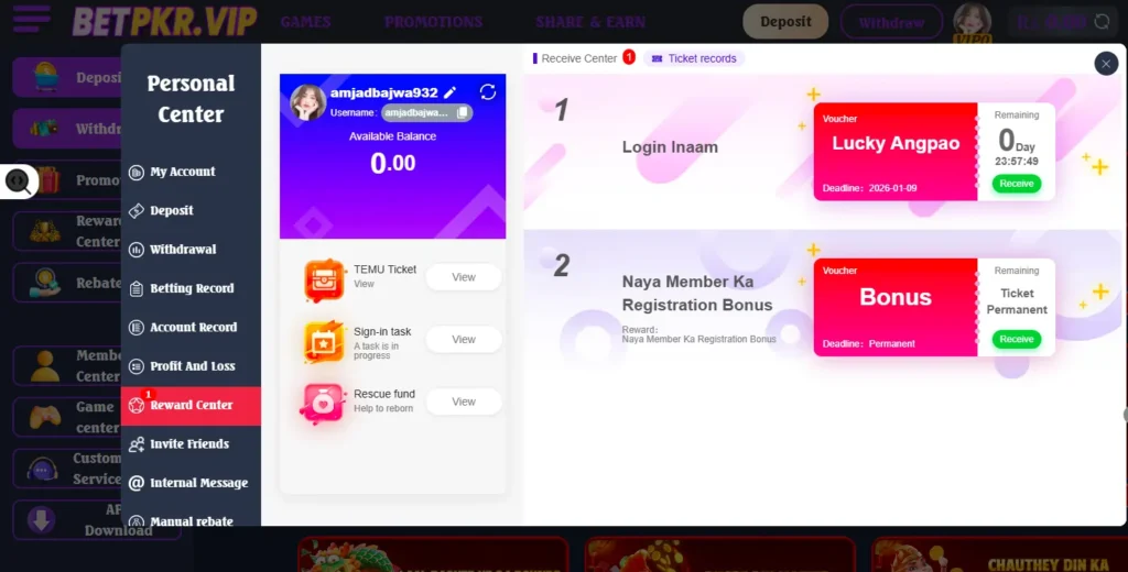 BetPKR bonus rewards