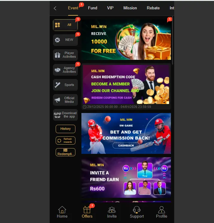 Mil Win Game Bonus Offers Display