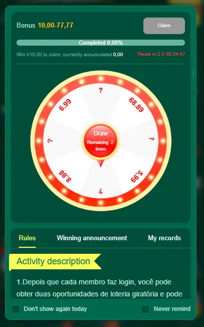 casino bonus reward screen