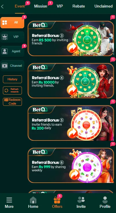 BetQQ Game Bonuses and rewards Screenshot