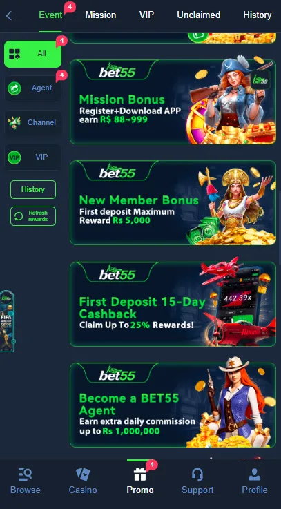 Bet55 Game Bonuses screenShot