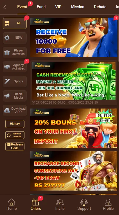 NoobWin Game rewards Section