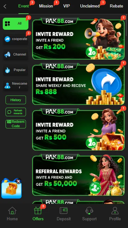 PaK88 Game Rewards section ScreenShot